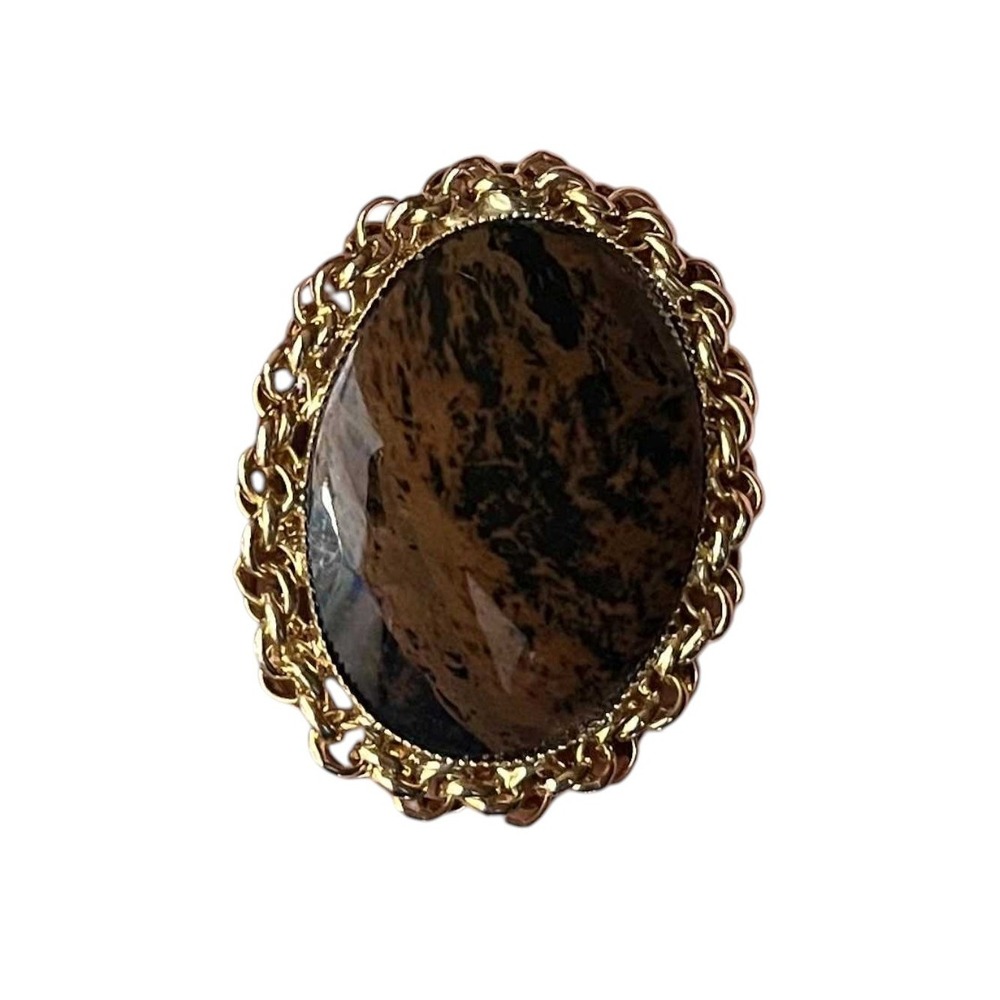 Vintage Faux Agate Oval Brown Stone Ornate Gold Tone Frame Brooch Pendant